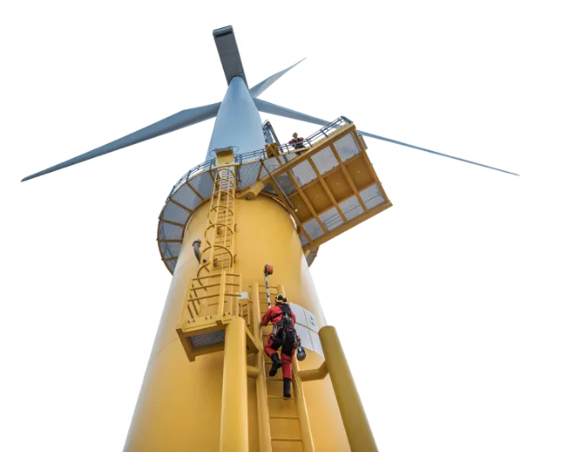 o amplifier and engineer climbing wind turbine, low angle shot